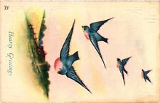 Vintage Postcard- HEARTY GREETINGS, BLUE BIRDS FLYING OVER A FIELD picture