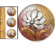 18mm Vintage Czech Glass Pink Japanese GINKO FLOWER Buttons Silver Gold 3pc picture
