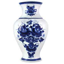Gzhel Porcelain Vase with Blue Flowers Pattern,Russian Handmade Гжель Ваза 9.6