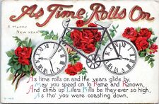 1913 New Years Day Greetings Embossed Postcard - Bicycle Wheels as Clocks, Roses picture