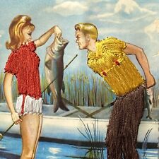 Vintage Postcard FISHING TIME Girl Miami Silk Embroidered Signed Elsi Gumier #1 picture