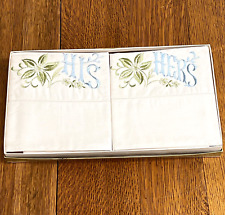 Vintage His & Hers Embroidered Ivory Linen Pillowcase Gift Set in Box picture