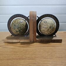 Spinning Old World Globe Bookends Rotating Globe Wooden Vintage Style picture