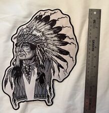 LARGE  INDIAN CHIEF HEAD DRESS  MOTORCYCLE  JACKET BACK  PATCH NOS Black Silver picture