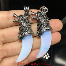 2pcs Synthetic Opalite Wolf Teeth Pendant Quartz Crystal Skull Carved ReikiGem picture