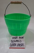 Easter Blow Mold Green Plastic Bushel Basket Wire & Wood Handle Old Vintage ⬇️ picture
