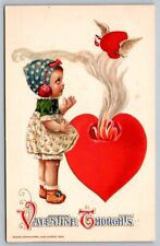 Postcard John Winsch Valentine Thoughts Flaming Heart Flying Heart Arrow 1914 picture