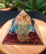 X-LG70-75MM Orgone Pyramid Blue Apatite Chips And Garnet Chip Hamsa Symbol for E picture