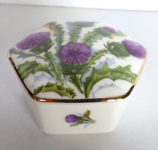 Vintage Caledonia Fine China Miniature Porcelain Trinket Box Purple Floral Motif picture