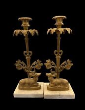 Antique Pair Of Brass Deer Candlesticks On Marble Base 12.5” picture