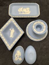 Vintage Wedgwood Jasperware Blue LOT 4 pc Egg Diamond Candleholder Tray picture