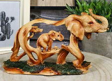 Faux Wood Elephant Family Migration Elephant Walking With Baby Calf Statue 7