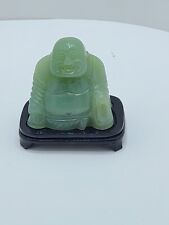 VINTAGE Green Jadeite Jade Happy Smiling Buddha Seated Statue Wood Platform Zen picture