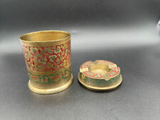 Brass Container w/Ashtray Lid Hand Engraved Enamel-Solid-Decorative-UNUSED-MCM picture