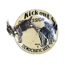 Vintage 1932 Kick Out Depression with Democratic Vote Mechanical Pinback Button picture