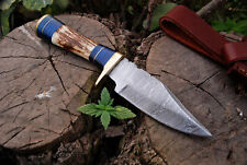 HANDMADE DAMASCUS STAG ANTLER HUNTING TACTICAL SURVIVAL BOWIE KNIFE SHEATH picture