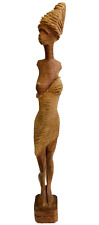 1982 African Woman Statue Hand Carved Wood Art Fashion Dress Thin Lady Turban picture