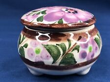 Vintage Porcelain Trinket Box Purple Flowers Lidded Footed Mid Century Modern picture