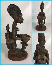 Authentic Wood 3 Figure AFRICAN Tribal YORUBA Divination Bowl Statue - Nigeria picture