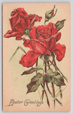Easter Greetings Red Roses Embossed Divided Back Postcard picture