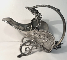 Vintage French Etain Fin 95% Pewter Wine Bottle Holder Stand Ornate w/ Chain picture