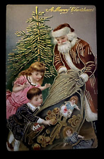 Santa Claus~Pours Sack Full of Toys~As Children Watch~Christmas Postcard~h997 picture