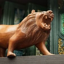 Wooden Roaring lion King of Wildlife Safari Hand Carved Figurine Sculpture Art picture
