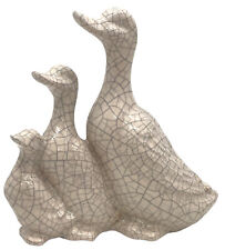 Vintage 3 Ducks Crackle Glaze Ceramic Statue Decor White 9” X 8” Mallard Unique picture