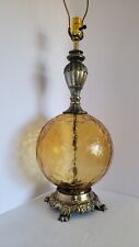 Vtg Mid Century Handblown Optical Amber Crackle Glass Globe & Brass Table Lamp picture