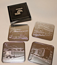 Rare Conrail Train Railroad Drink Coasters Etched Stainless Steel Engines Boxcar picture