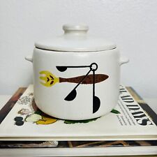 Vintage Mid Century West Bend Stoneware Bean Crock Pot & Lid Fork Spoon Design picture