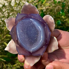 362G Natural GEODE Agate Hand Carved Lotus Quartz  Crystal Reiki Healing Gift picture
