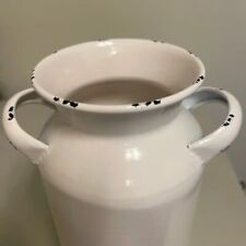 Enameled White Milk Pail Jug Canister Metal 8in Tall Retro Vintage w/ Handles picture
