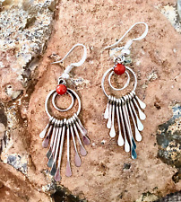 Native American Sterling Silver Navajo Handmade Coral Dangling Earrings picture