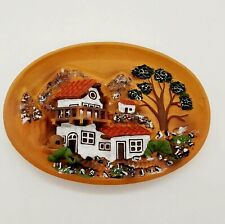 Vintage 3D Clay Art Plate Handmade Handpainted Oval Relief House Trees Wall picture