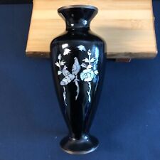 Vintage Asian Japanese Vase Black Lacquer & Mother of Pearl Birds Inlay 8