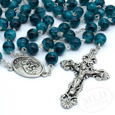 Blue Marble Glass Beads Saint St Francis Center Catholic Rosary Necklace 22