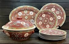 Chinese Red Mun Shou Famille Rose Soup Tureen Platter And Plates 10 Pieces Set picture