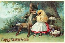 Embossed Easter Postcard Dressed Chicks Courting On Park Bench Anthropomorphic picture