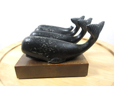 vintage Sperm Whale solid cast metal paperweights w/ wood stand Nautical decor picture