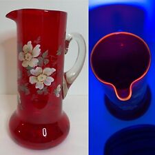 BEAUTIFUL ENAMELED TANKARD GLASS PITCHER 11.5” 19th century Applied Handle GLOWS picture