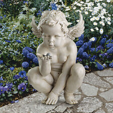 Baby Angel Cherub Crouching Down Holding Garden Snail Wonders of Youth Statue picture