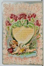Valentine Greetings Cherub Love Heart Flowers Faux Lace c1908 Emboss Postcard M1 picture