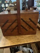 Vintage ACCORDION SEWING BOX Foldout wood storage wooden antique basket Estate picture