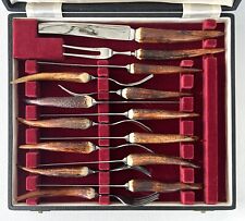 Vintage Sheffield England J Sanderson Stag Horn Knife and Fork Set 14 Pc W Case picture