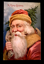 Full Face~Old World Santa Claus with Tree~Toy Sack~1910~Christmas Postcard~h865 picture