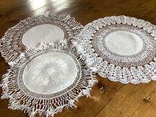 3 Large Vintage Antique White Hand Made Lace Doilies with Damask Centre picture