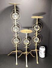 Vtg MCM floor candle Hollywood Regency Asterisk Set 3 Tall Gold Leaf Iron Stand picture