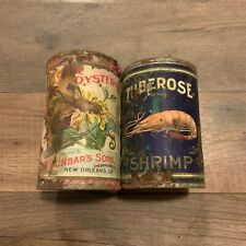 Antique Shrimp And Oyster Can Lot Tin Tuberose Co Sacramento CA Paper Label Rare picture