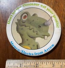 1970's Mepco / Electra 3 1/2 Pinback Button Dinosaur Eating Profits Vintage picture